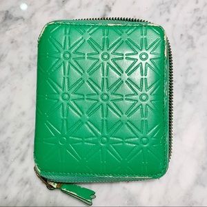 Come des Garçons Embossed Clover Leather Zip Fold Green Wallet